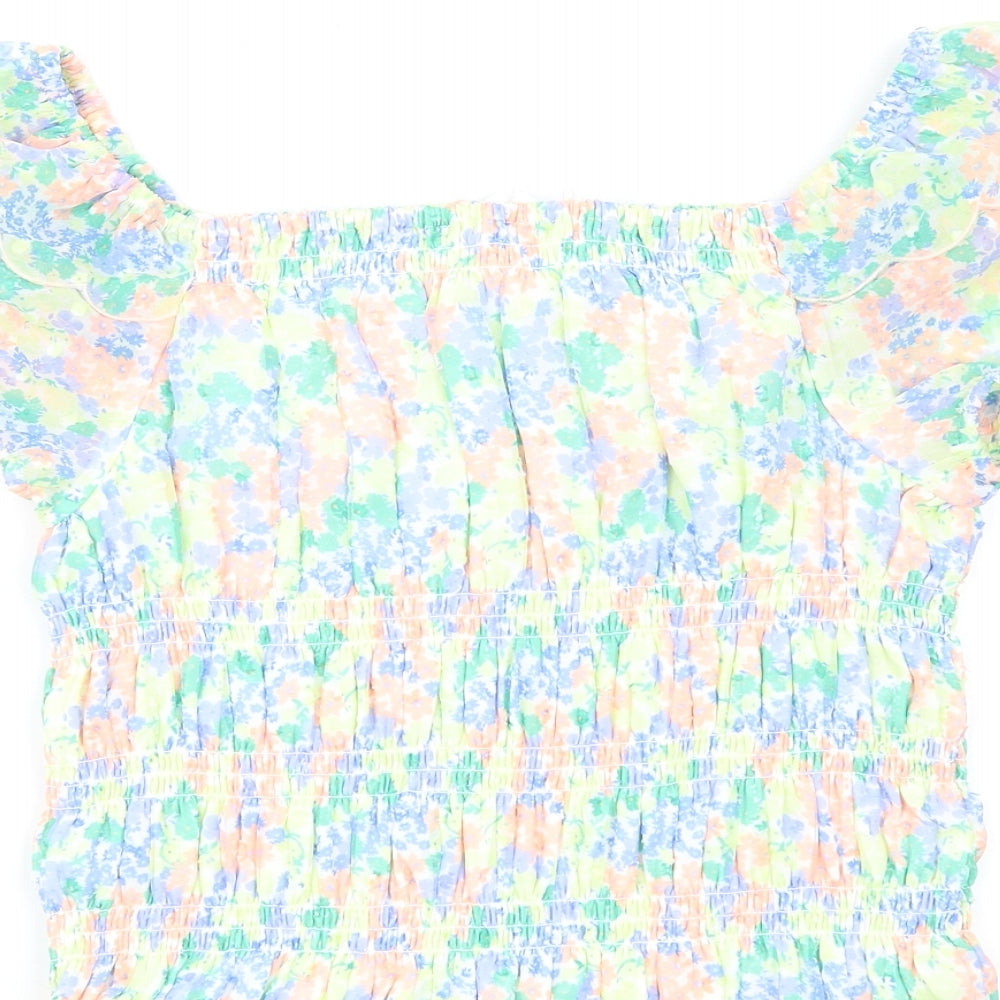 Marks and Spencer Girls Multicoloured Floral Polyester Basic T-Shirt Size 12-13 Years Square Neck Pullover