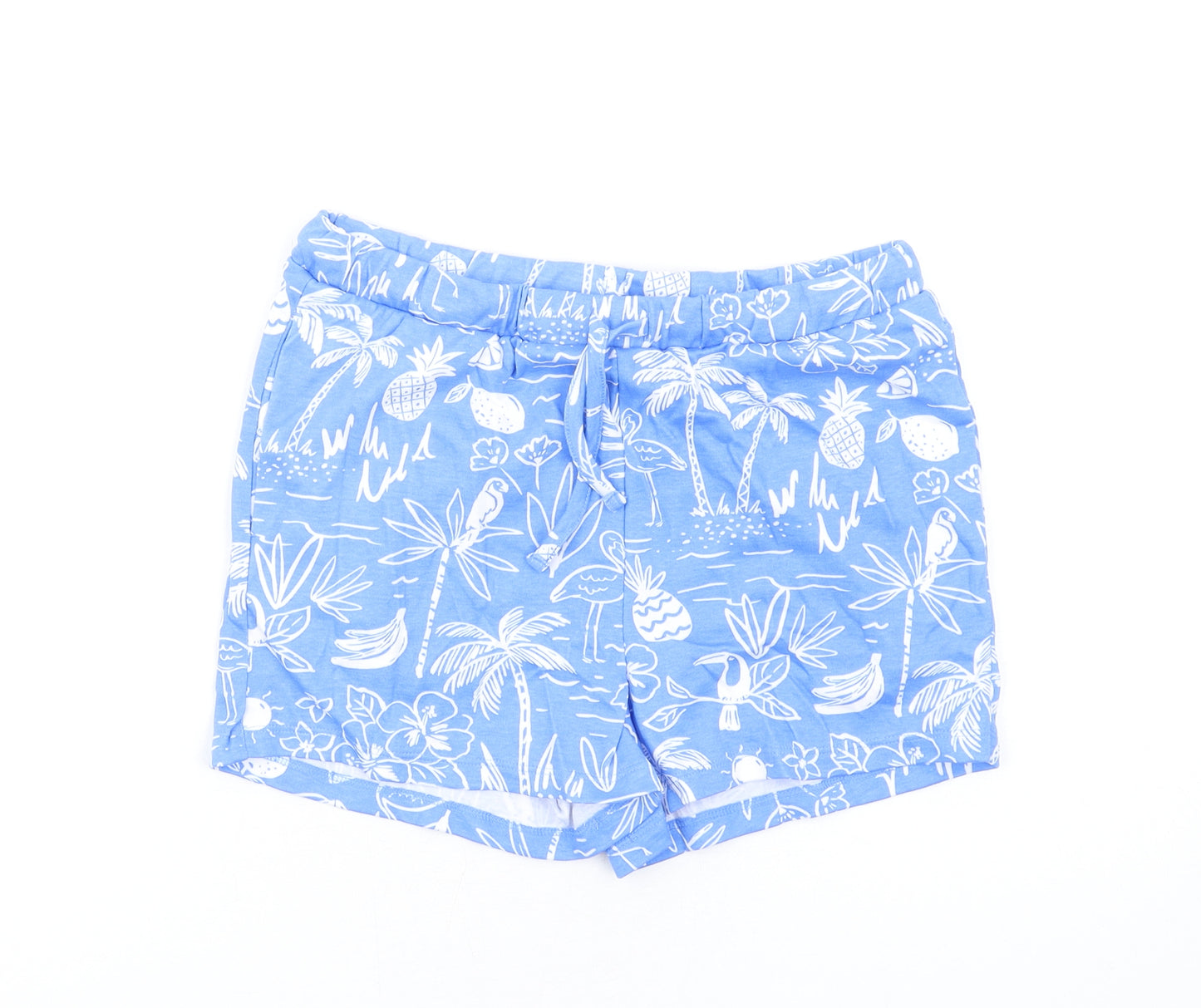 Marks and Spencer Girls Blue Geometric Cotton Sweat Shorts Size 11-12 Years Regular Drawstring