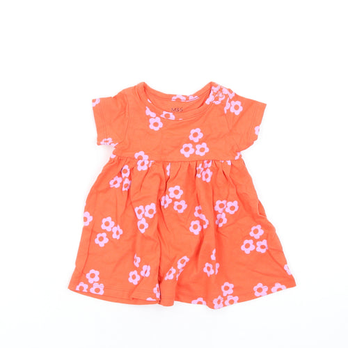 Marks and Spencer Girls Orange Floral Cotton Fit & Flare Size 0-3 Months Round Neck Snap