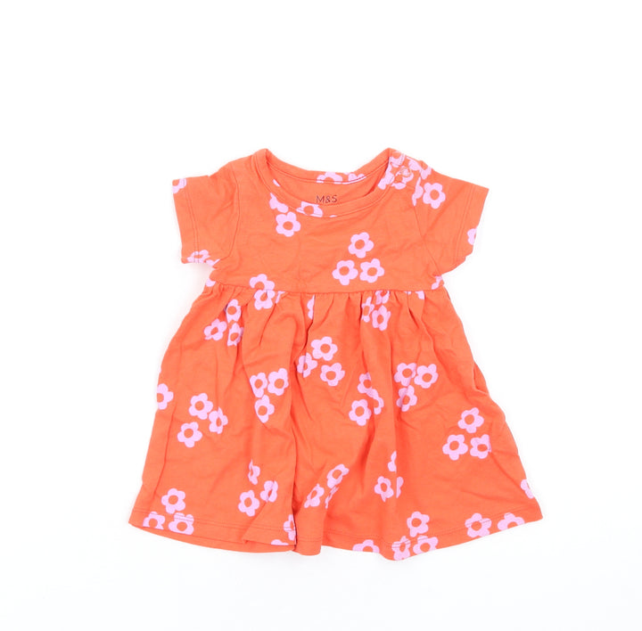 Marks and Spencer Girls Orange Floral Cotton Fit & Flare Size 0-3 Months Round Neck Snap
