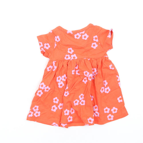 Marks and Spencer Girls Orange Floral Cotton Fit & Flare Size 0-3 Months Round Neck Snap