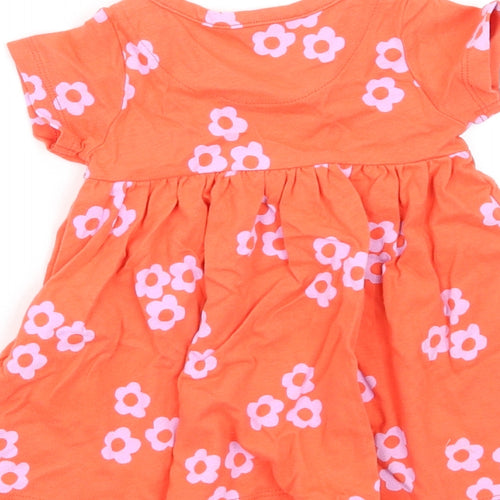 Marks and Spencer Girls Orange Floral Cotton Fit & Flare Size 0-3 Months Round Neck Snap