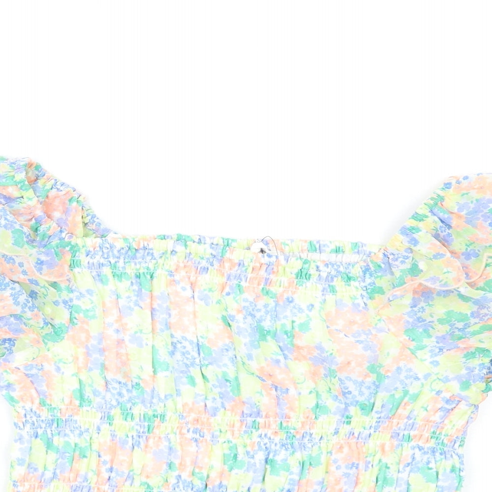 Marks and Spencer Girls Multicoloured Floral Polyester Basic T-Shirt Size 11-12 Years Square Neck Pullover
