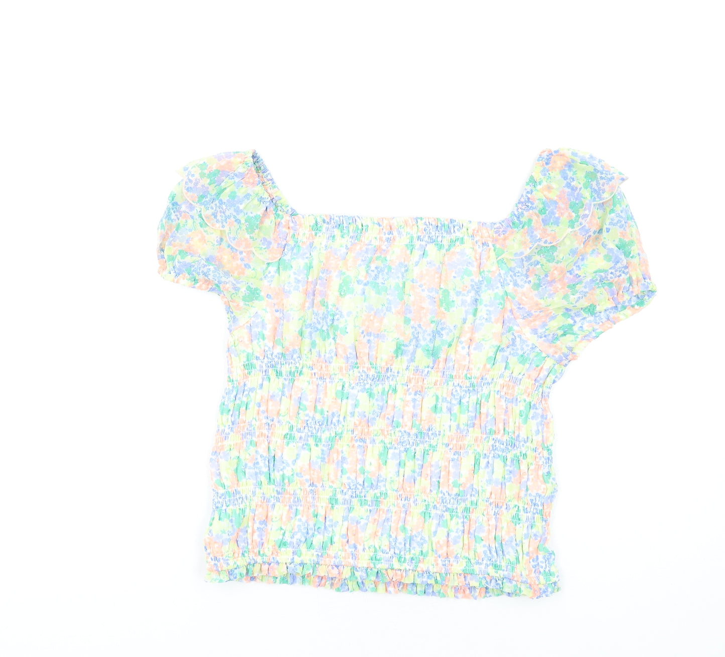 Marks and Spencer Girls Multicoloured Floral Polyester Basic T-Shirt Size 14-15 Years Square Neck Pullover