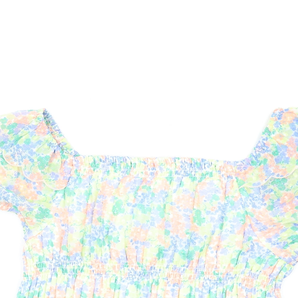 Marks and Spencer Girls Multicoloured Floral Polyester Basic T-Shirt Size 14-15 Years Square Neck Pullover