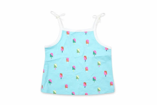 Front view of Marks & Spencer girls’ blue geometric cotton basic tank, size 2-3, years square neck pullover