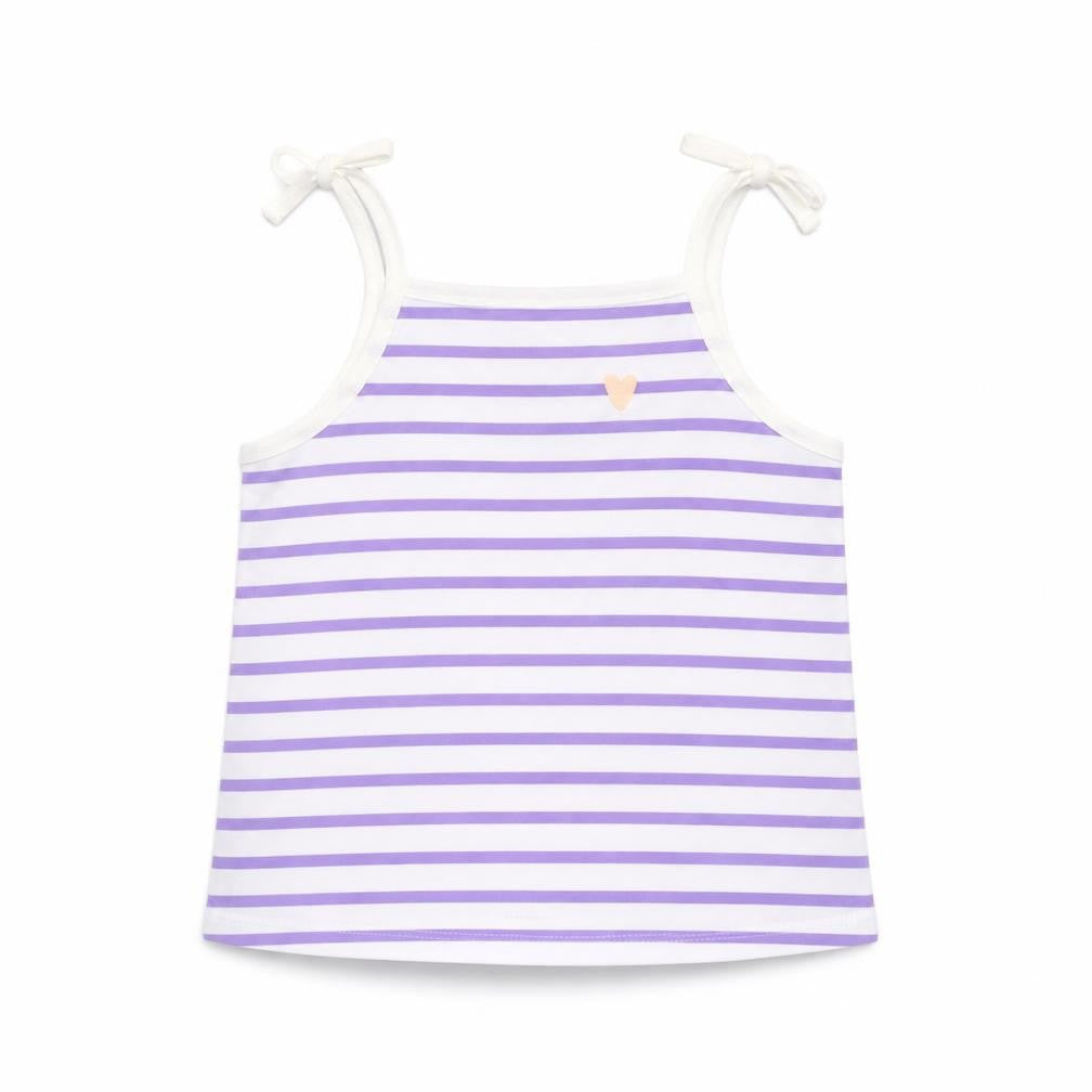 Front view of Marks & Spencer girls’ purple striped cotton basic tank, size 2-3, years square neck pullover