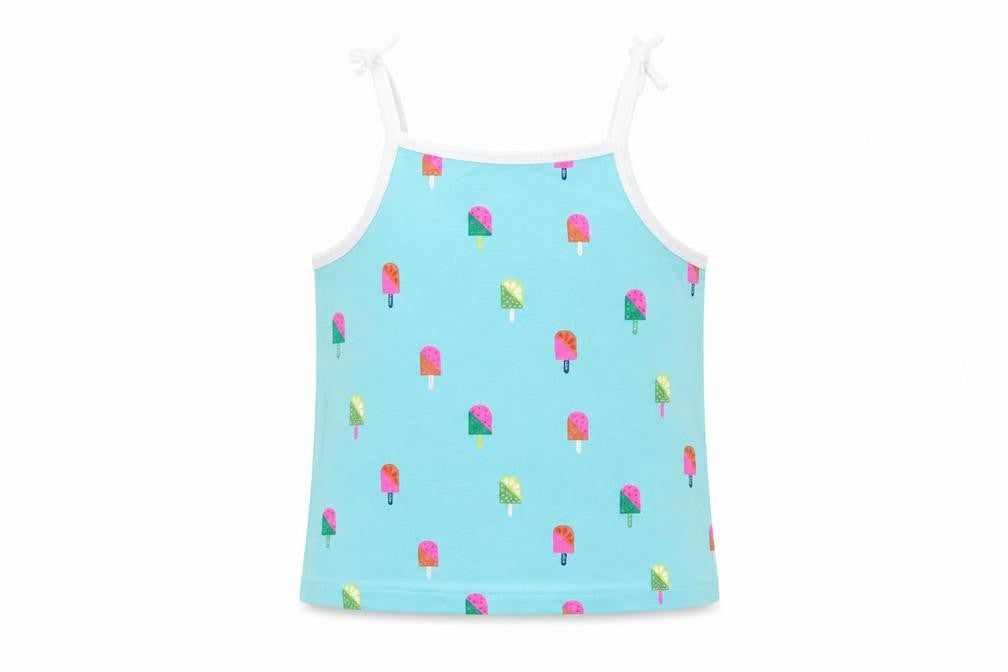 Front view of Marks & Spencer girls’ blue geometric cotton basic tank, size 2-3, years square neck pullover