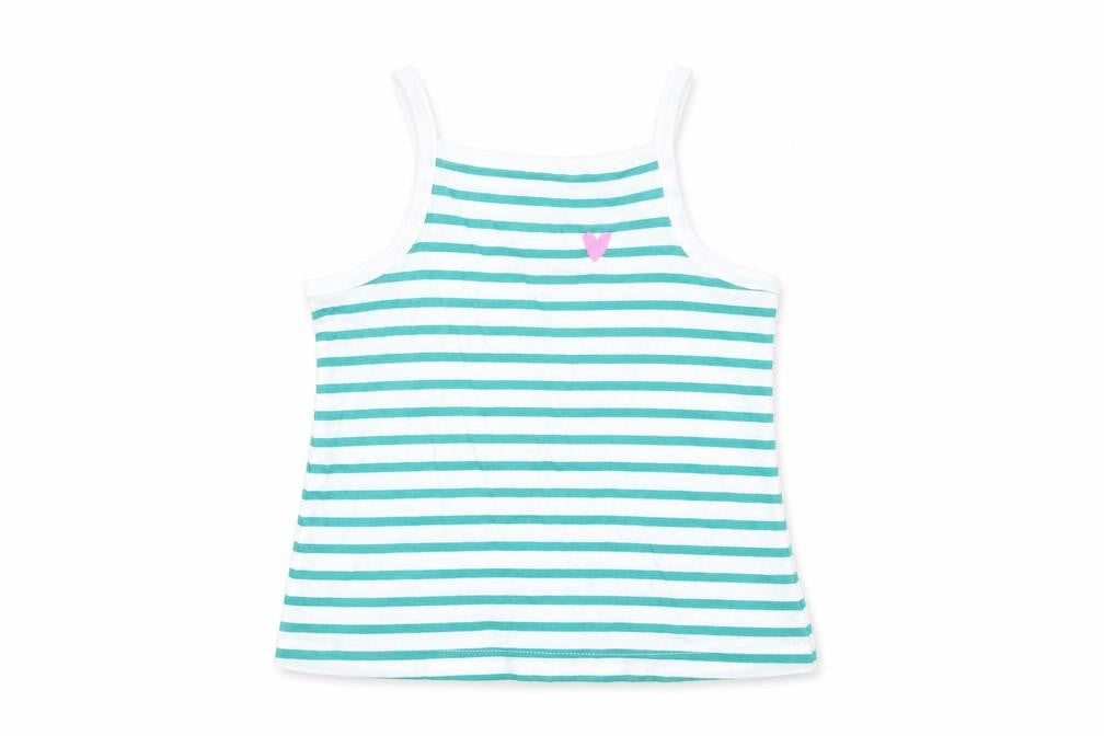 Front view of Marks & Spencer girls’ green striped cotton basic tank, size 2-3, years square neck pullover