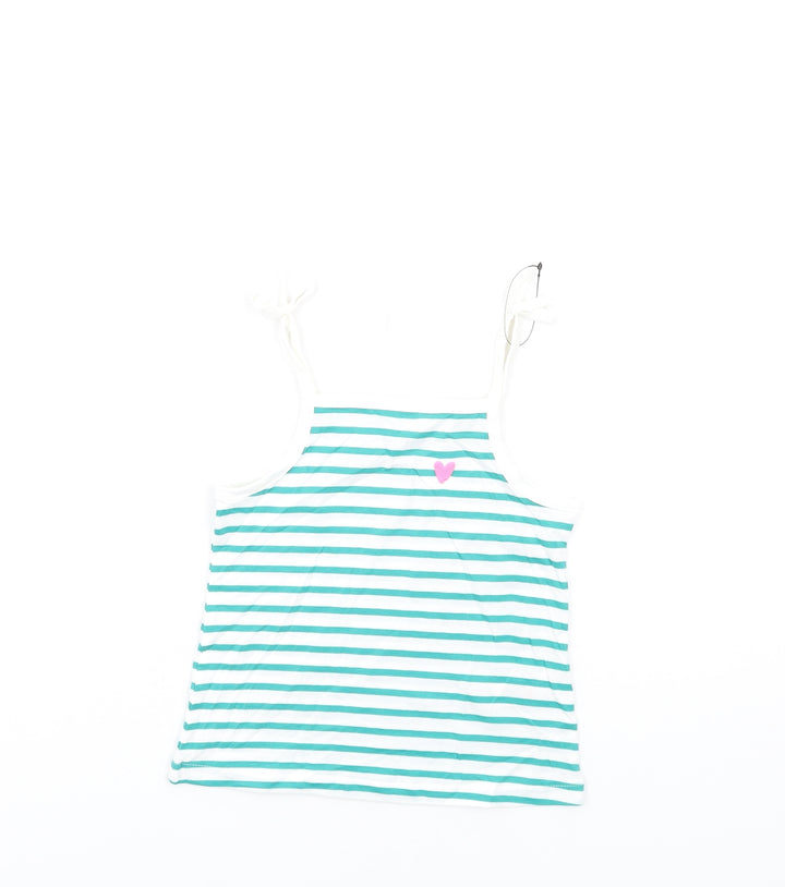 Marks and Spencer Girls Green Striped Cotton Basic Tank Size 3-4 Years Square Neck Pullover