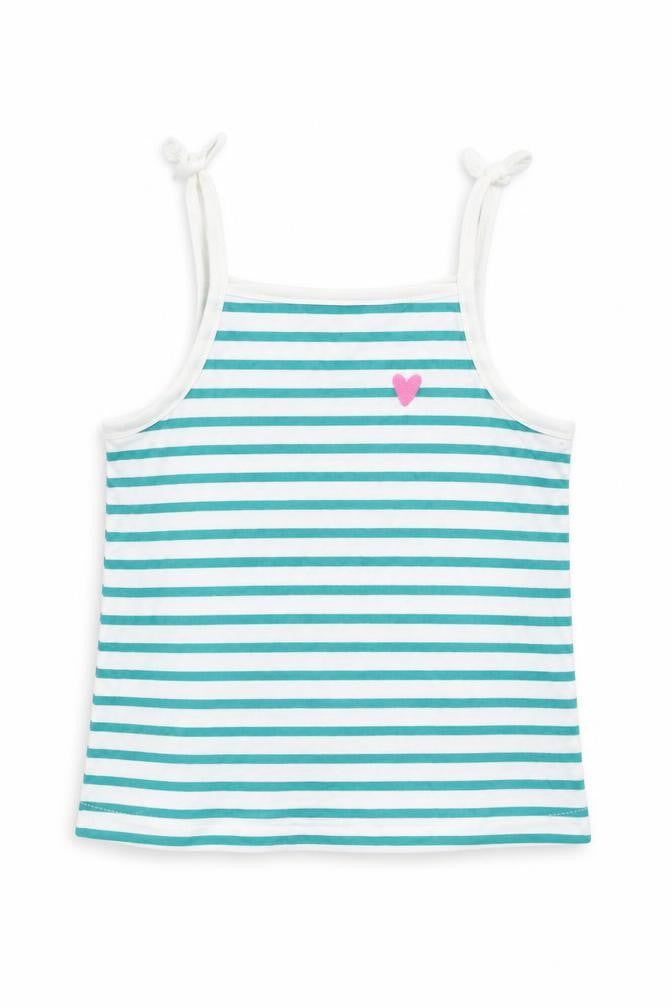 Front view of Marks & Spencer girls’ green striped cotton basic tank, size 3-4, years square neck pullover