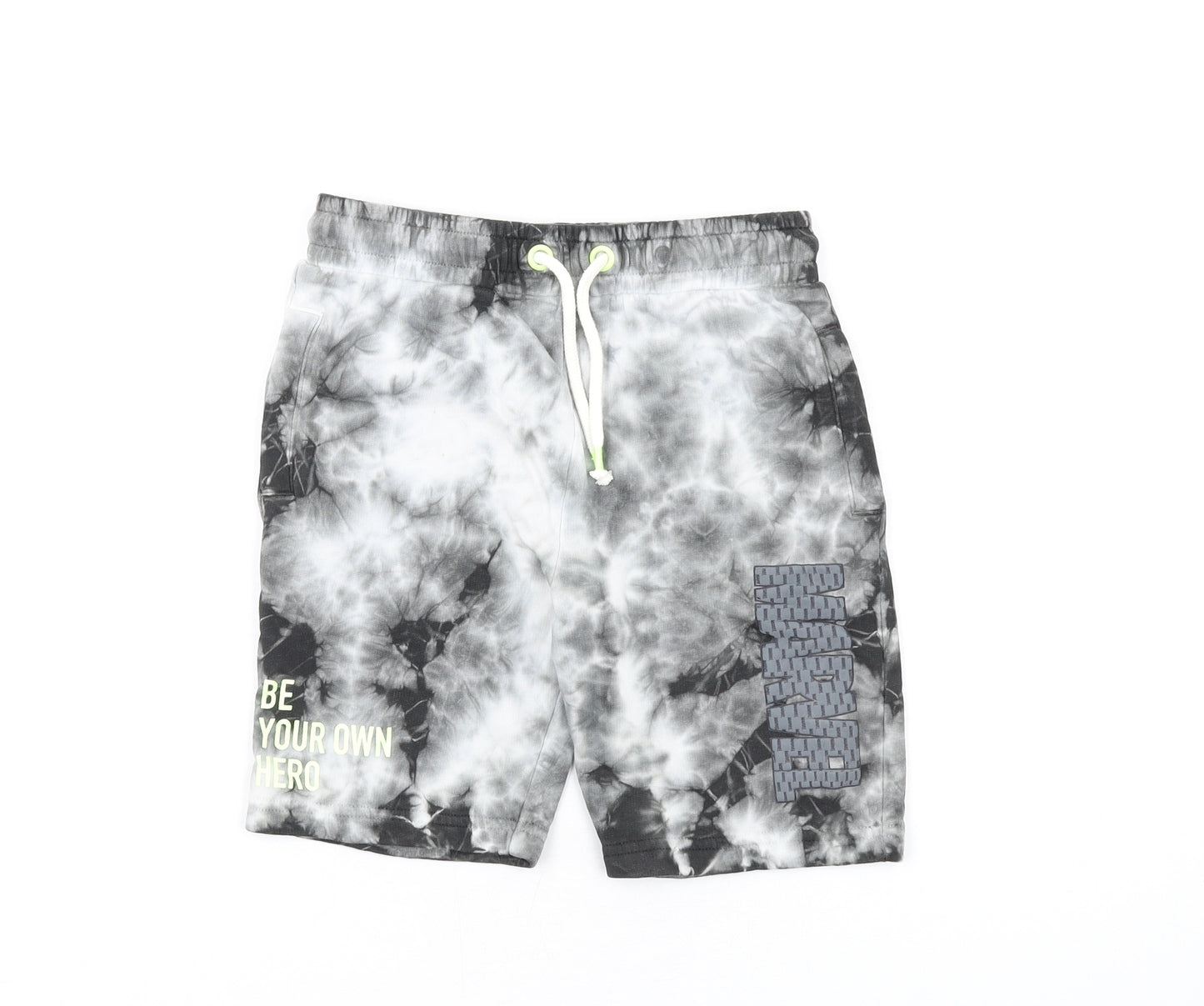 Marks and Spencer Boys Grey Geometric Cotton Sweat Shorts Size 7-8 Years L8 in Regular Drawstring - Marvel Tie Dye