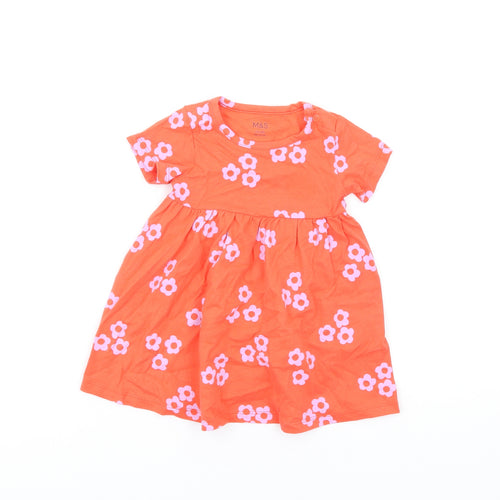 Marks and Spencer Girls Orange Floral Cotton Fit & Flare Size 6-9 Months Round Neck Snap