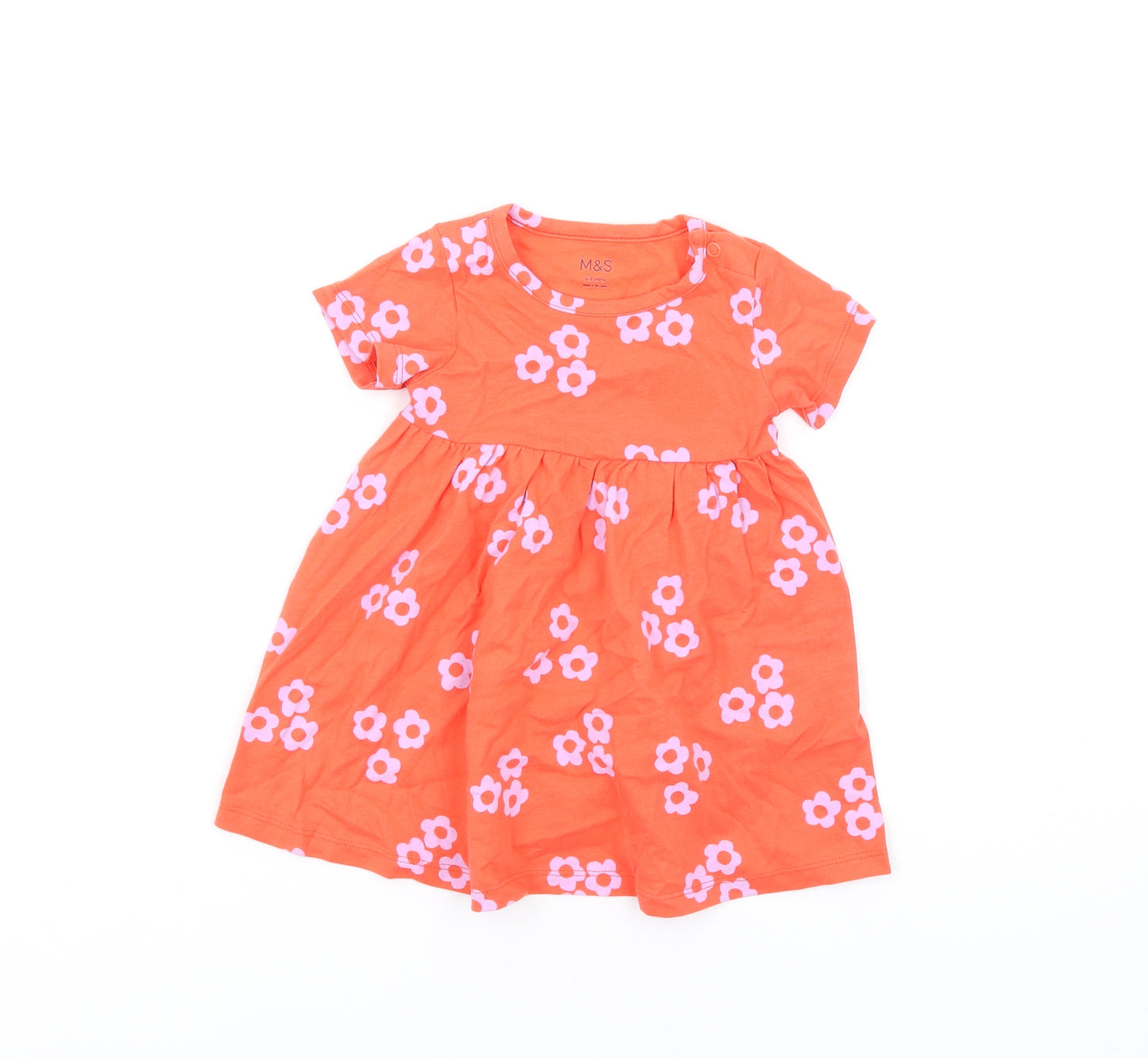 Marks and Spencer Girls Orange Floral Cotton Fit & Flare Size 6-9 Months Round Neck Snap