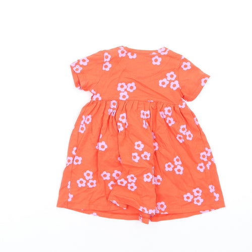 Marks and Spencer Girls Orange Floral Cotton Fit & Flare Size 6-9 Months Round Neck Snap