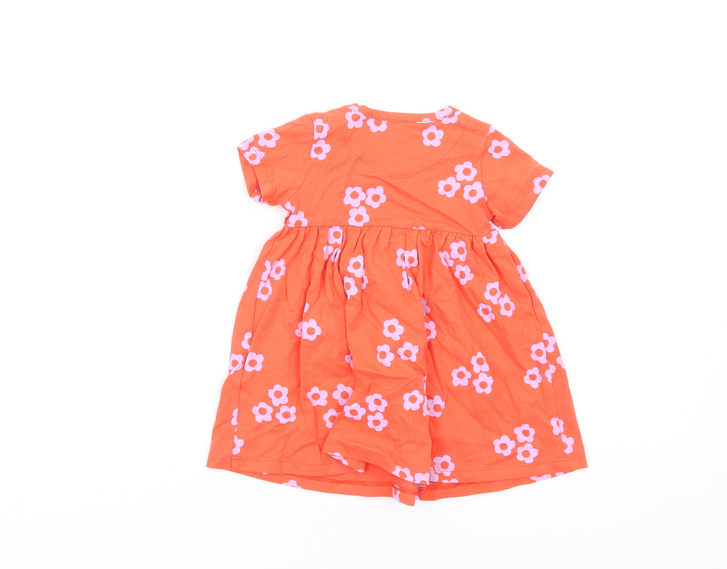 Marks and Spencer Girls Orange Floral Cotton Fit & Flare Size 6-9 Months Round Neck Snap