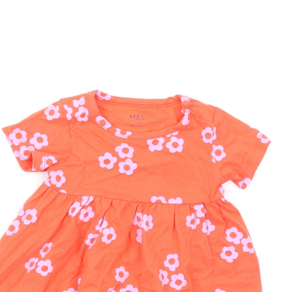 Marks and Spencer Girls Orange Floral Cotton Fit & Flare Size 6-9 Months Round Neck Snap