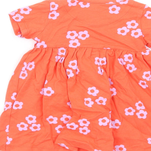 Marks and Spencer Girls Orange Floral Cotton Fit & Flare Size 6-9 Months Round Neck Snap