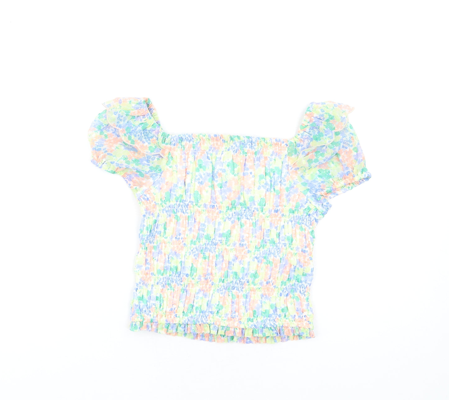 Marks and Spencer Girls Multicoloured Floral Polyester Basic T-Shirt Size 8-9 Years Square Neck Pullover