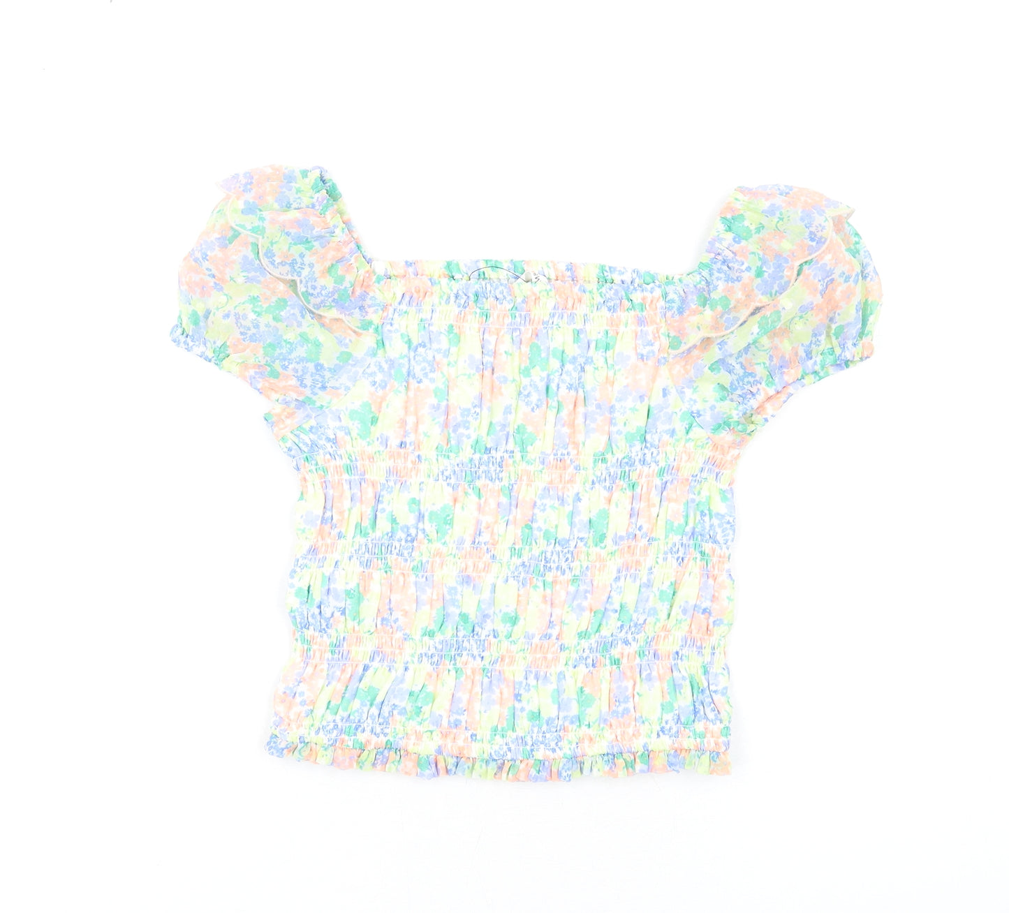 Marks and Spencer Girls Multicoloured Floral Polyester Basic T-Shirt Size 8-9 Years Square Neck Pullover