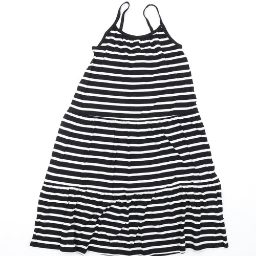 Marks and Spencer Girls Black Striped Cotton Trapeze & Swing Size 8-9 Years Round Neck Pullover