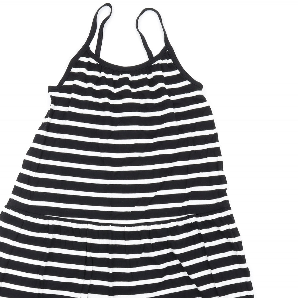 Marks and Spencer Girls Black Striped Cotton Trapeze & Swing Size 8-9 Years Round Neck Pullover