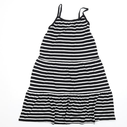 Marks and Spencer Girls Black Striped Cotton Trapeze & Swing Size 8-9 Years Round Neck Pullover