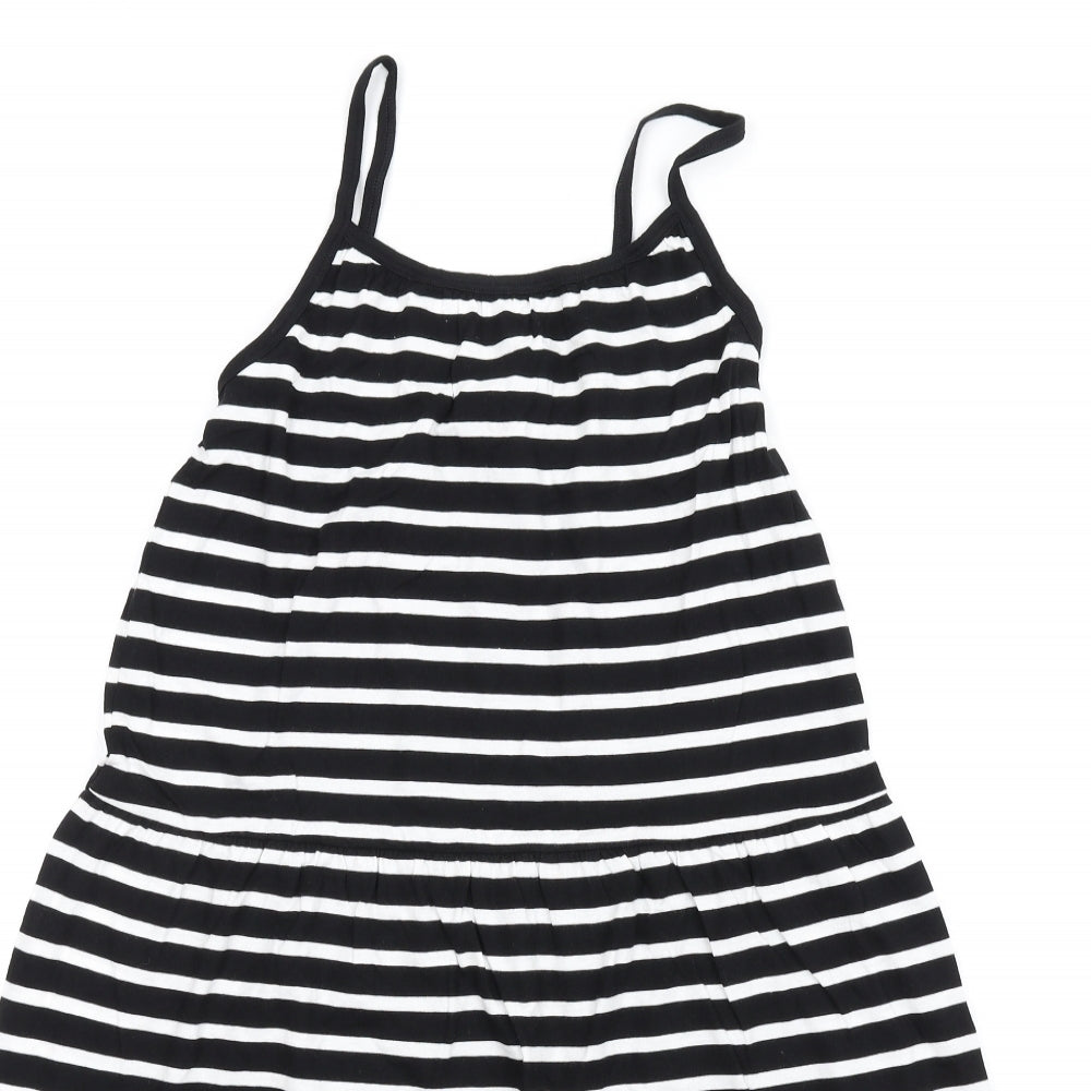 Marks and Spencer Girls Black Striped Cotton Trapeze & Swing Size 8-9 Years Round Neck Pullover