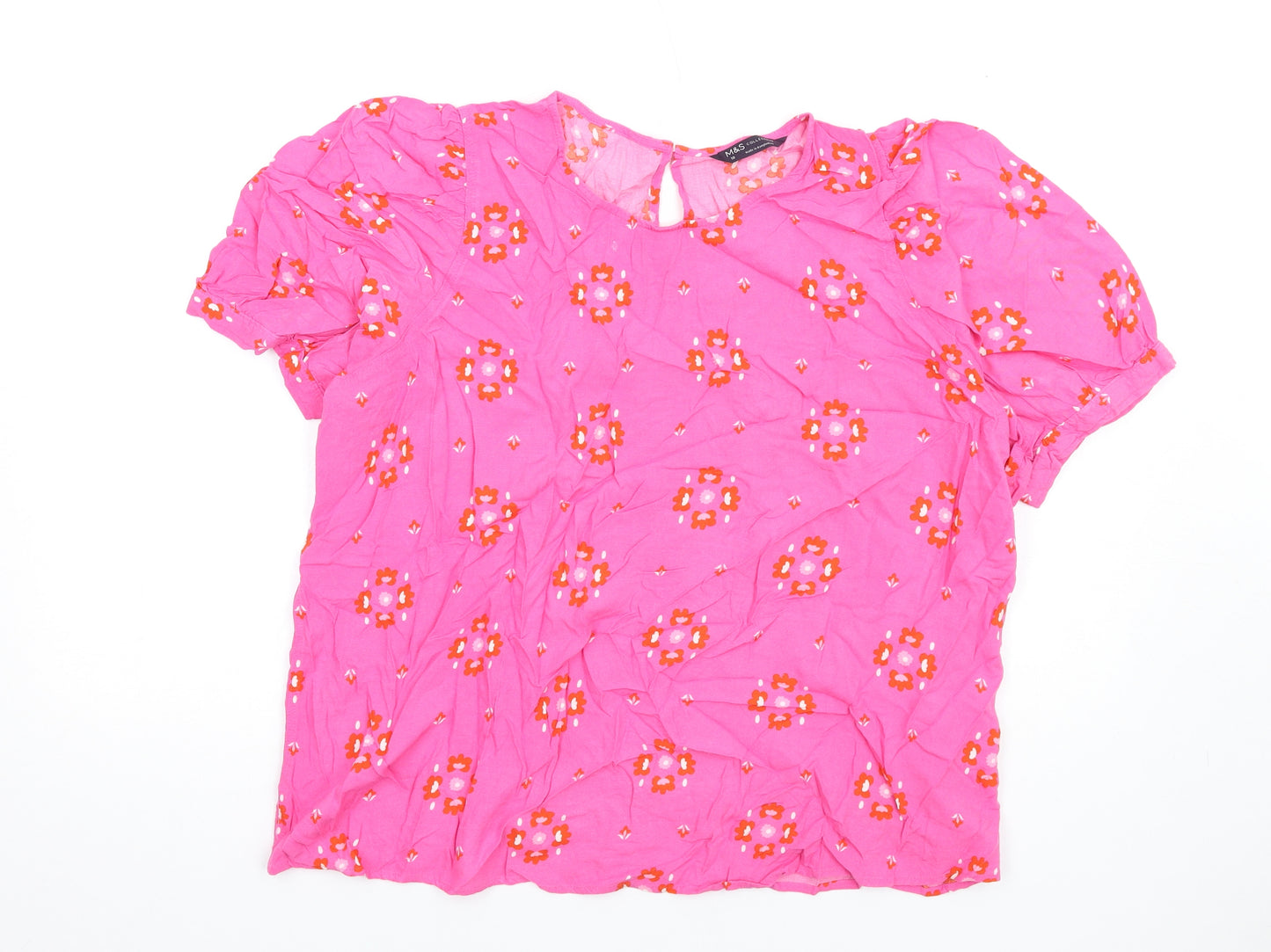 Marks and Spencer Womens Pink Geometric Viscose Basic T-Shirt Size 18 Round Neck