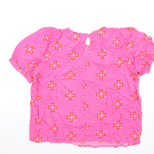 Marks and Spencer Womens Pink Geometric Viscose Basic T-Shirt Size 18 Round Neck