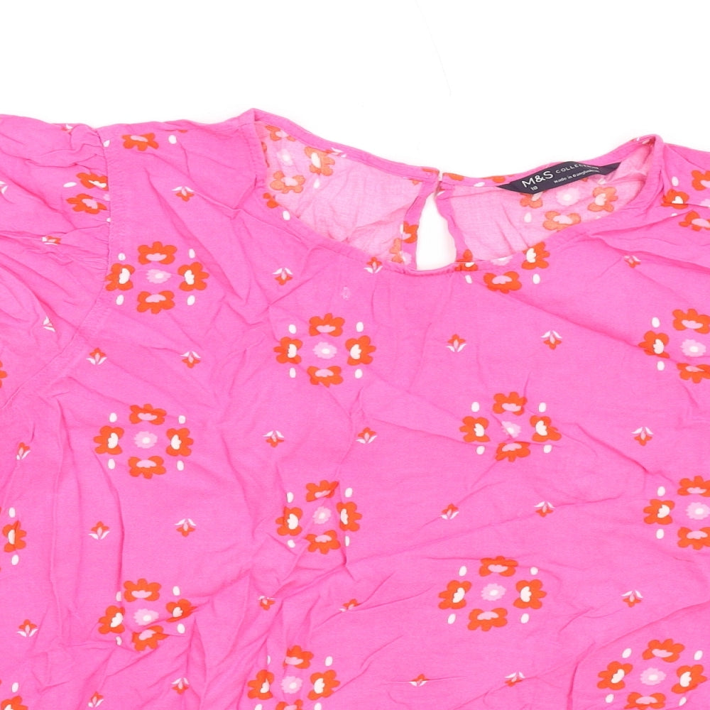 Marks and Spencer Womens Pink Geometric Viscose Basic T-Shirt Size 18 Round Neck