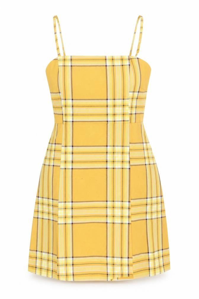 Front view of Monki women’s multicoloured plaid polyester a-line, size UK 8, square neck zip