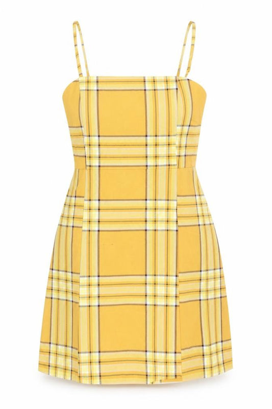 Front view of Monki women’s multicoloured plaid polyester a-line, size UK 8, square neck zip
