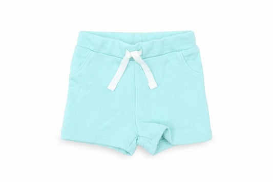 Front view of Marks & Spencer Baby Blue Cotton Capri Trousers, size 3-6, Months Drawstring - Elasticated Waist