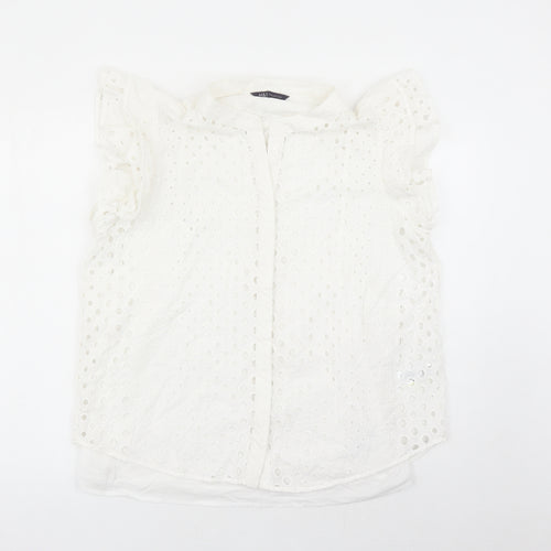 Marks and Spencer Womens White Geometric 100% Cotton Basic Button-Up Size 16 Round Neck - Embroidered Detail
