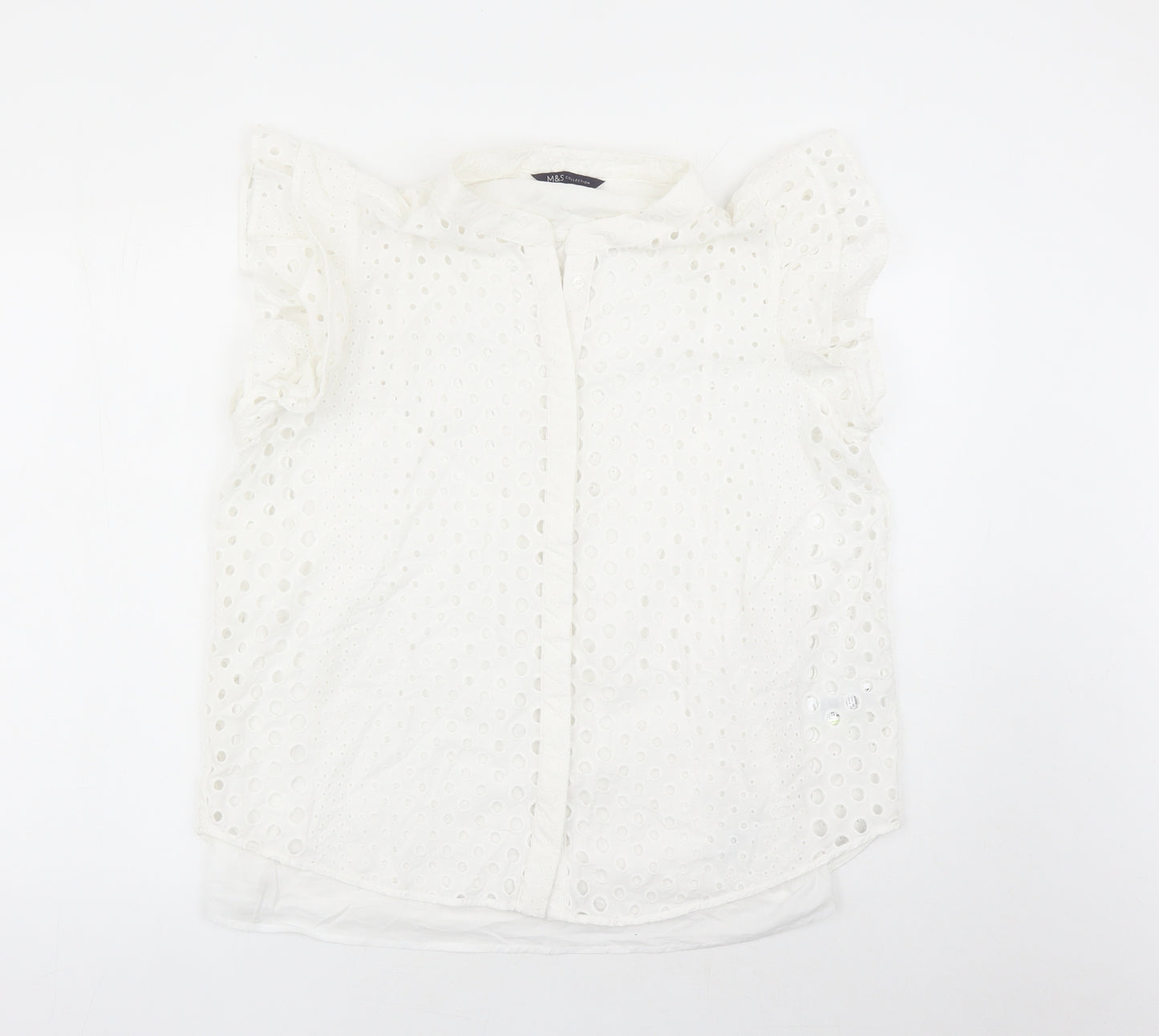 Marks and Spencer Womens White Geometric 100% Cotton Basic Button-Up Size 16 Round Neck - Embroidered Detail