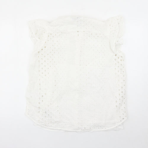 Marks and Spencer Womens White Geometric 100% Cotton Basic Button-Up Size 16 Round Neck - Embroidered Detail