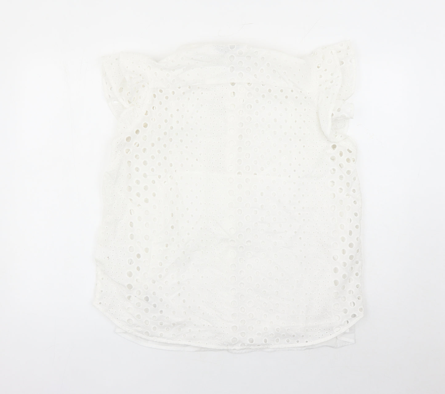 Marks and Spencer Womens White Geometric 100% Cotton Basic Button-Up Size 16 Round Neck - Embroidered Detail