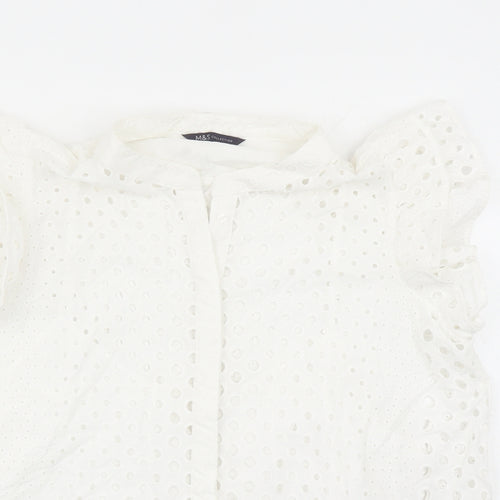 Marks and Spencer Womens White Geometric 100% Cotton Basic Button-Up Size 16 Round Neck - Embroidered Detail