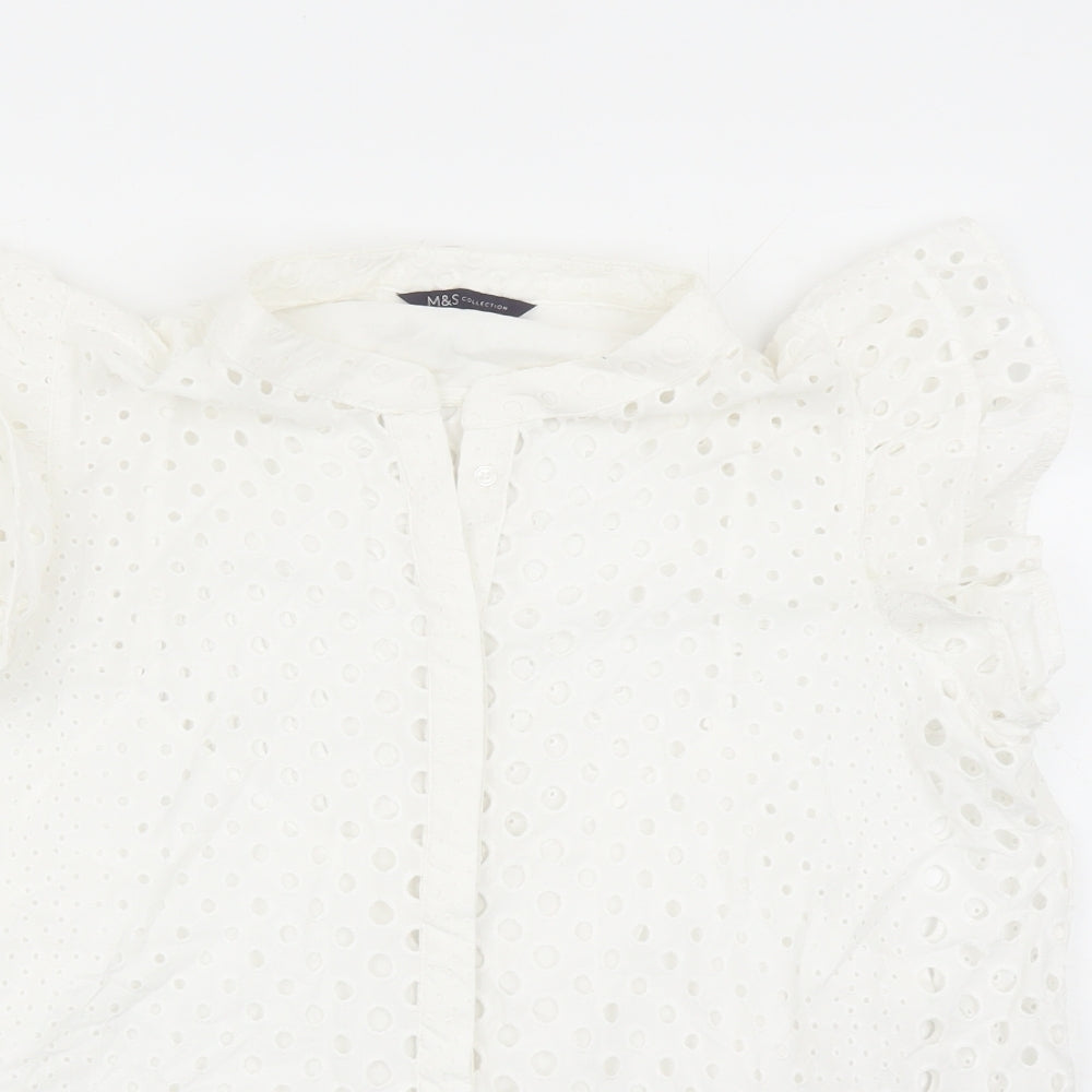 Marks and Spencer Womens White Geometric 100% Cotton Basic Button-Up Size 16 Round Neck - Embroidered Detail