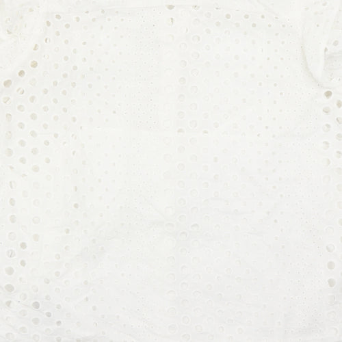 Marks and Spencer Womens White Geometric 100% Cotton Basic Button-Up Size 16 Round Neck - Embroidered Detail