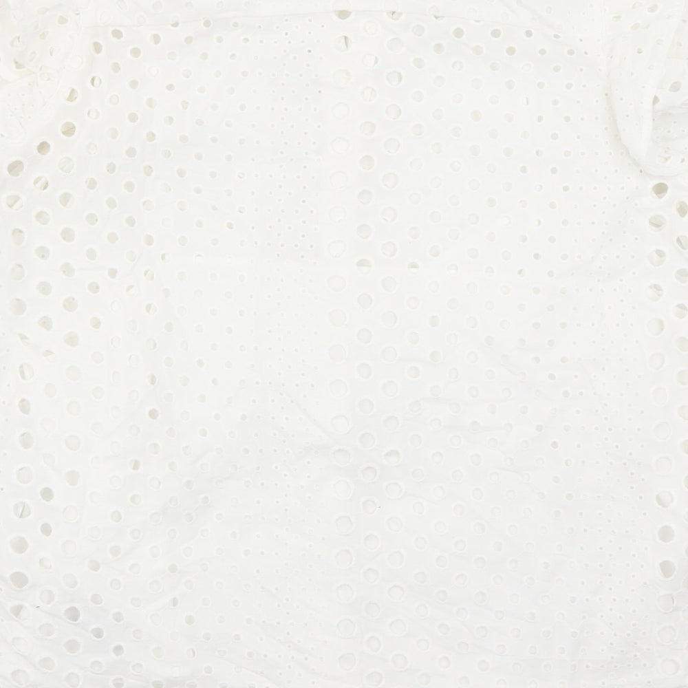 Marks and Spencer Womens White Geometric 100% Cotton Basic Button-Up Size 16 Round Neck - Embroidered Detail