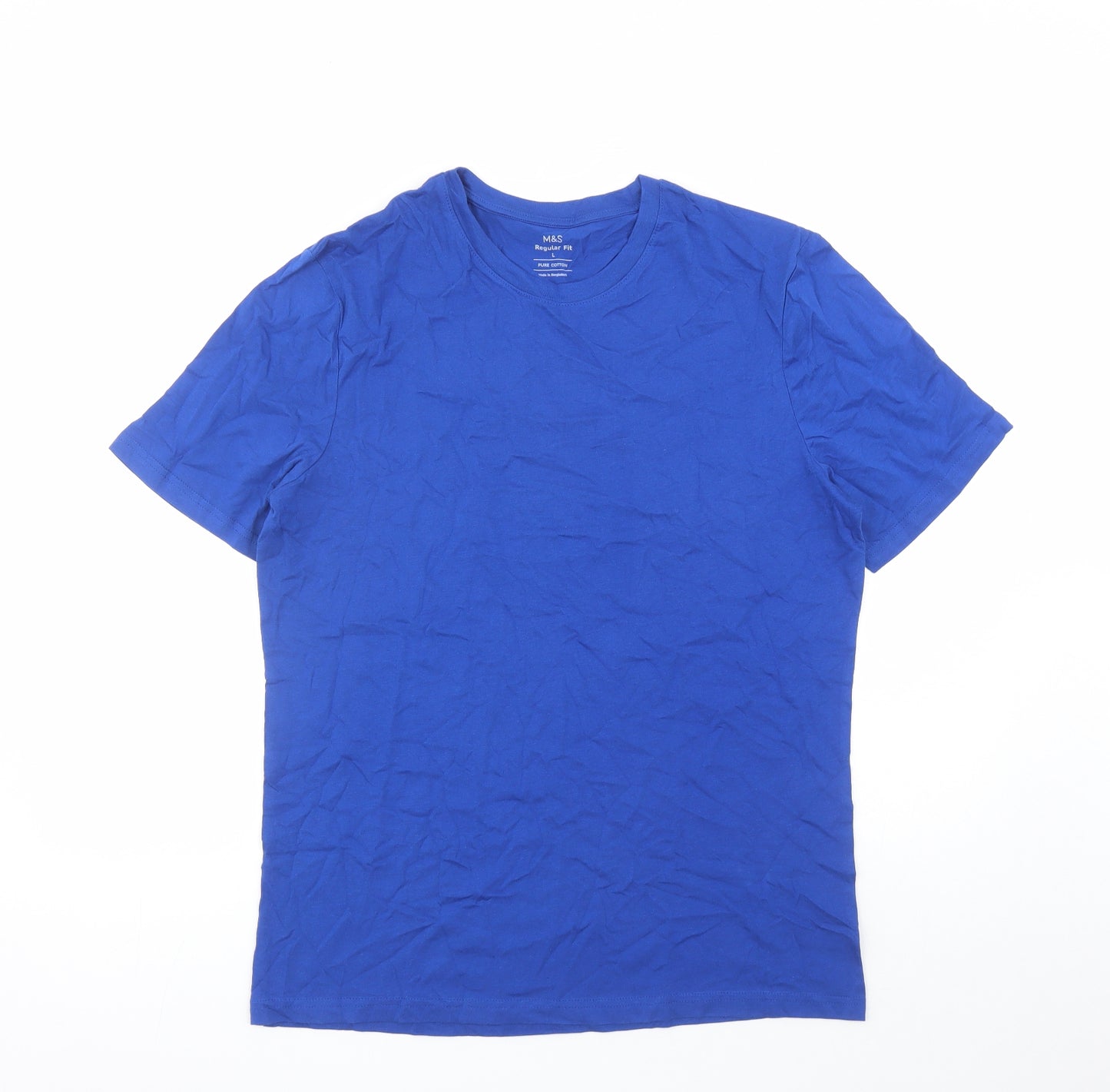 Marks and Spencer Mens Blue Cotton T-Shirt Size L Crew Neck