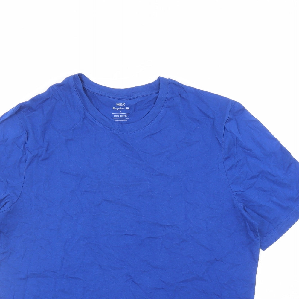 Marks and Spencer Mens Blue Cotton T-Shirt Size L Crew Neck