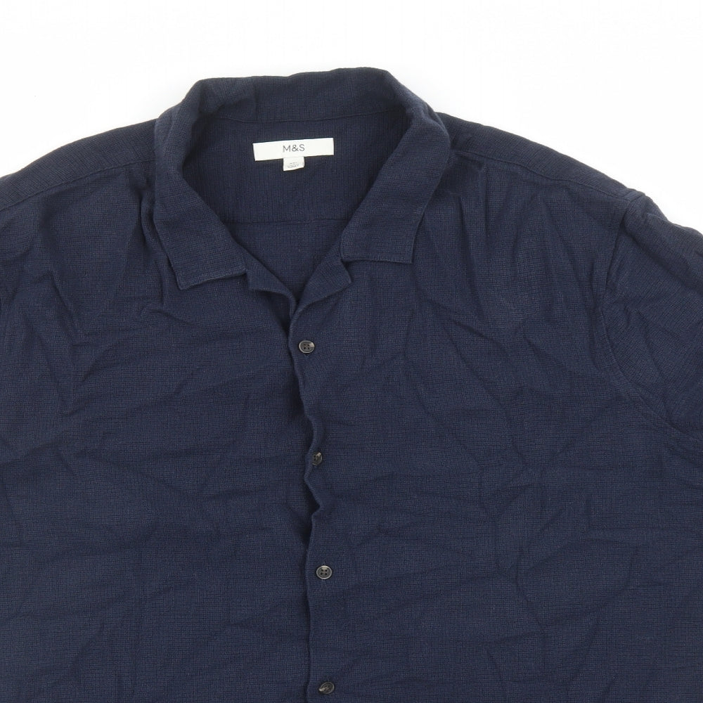 Marks and Spencer Mens Blue Cotton Button-Up Size 3XL Collared Button