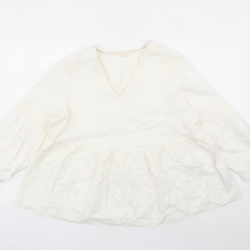 Per Una Womens Ivory Floral Cotton Basic Blouse Size 14 V-Neck - Embroidered Detail