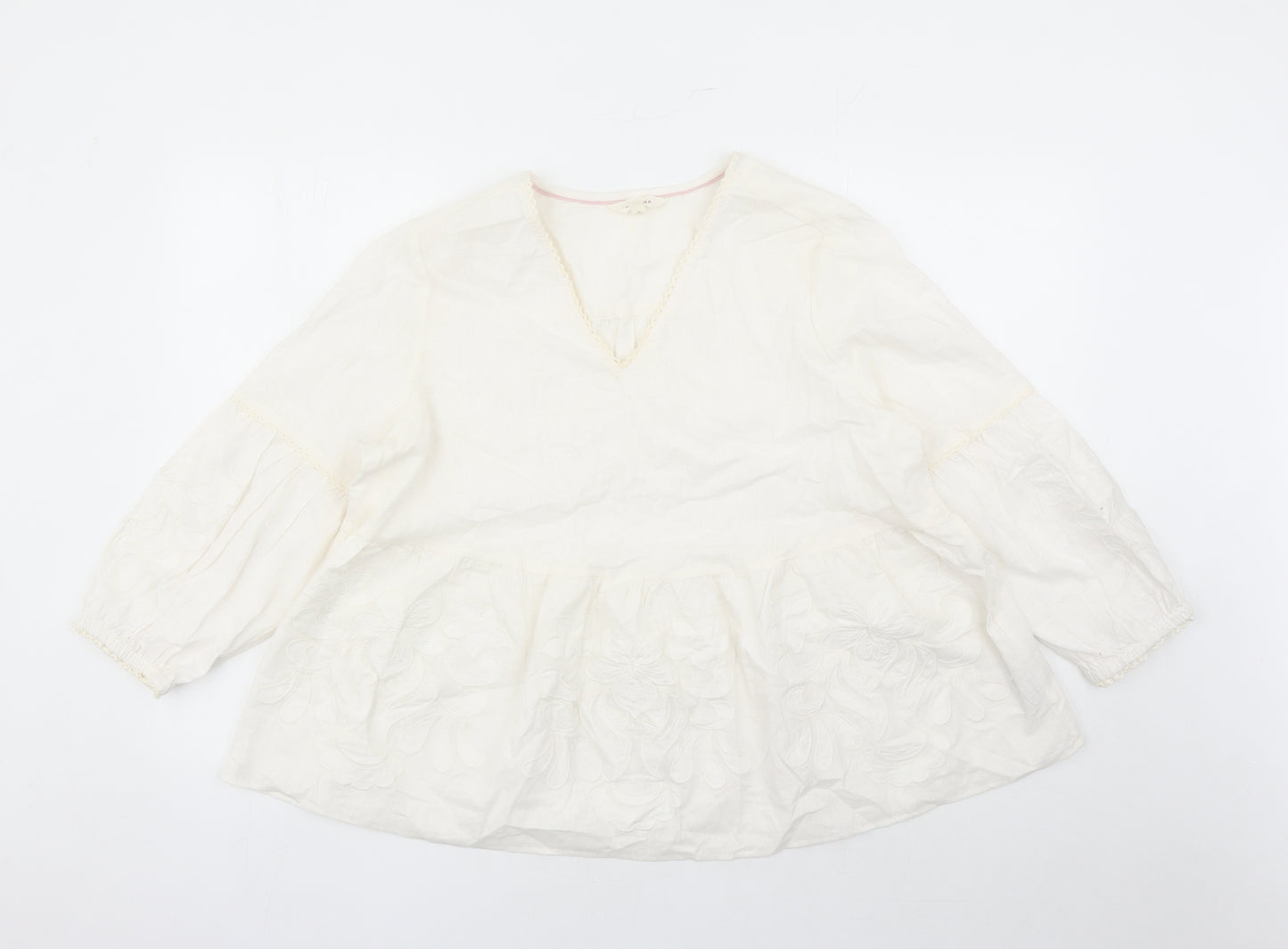 Per Una Womens Ivory Floral Cotton Basic Blouse Size 14 V-Neck - Embroidered Detail