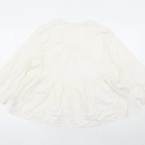 Per Una Womens Ivory Floral Cotton Basic Blouse Size 14 V-Neck - Embroidered Detail