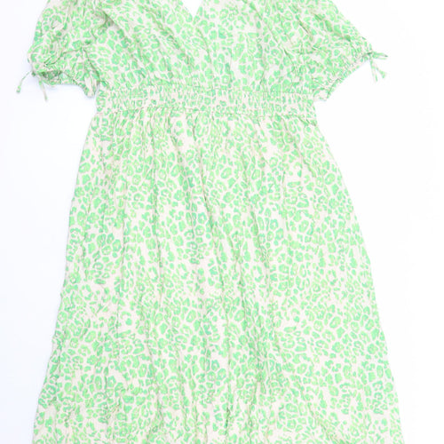 Marks and Spencer Womens Green Animal Print Viscose Maxi Size 18 V-Neck Pullover - Leopard Pattern Lined