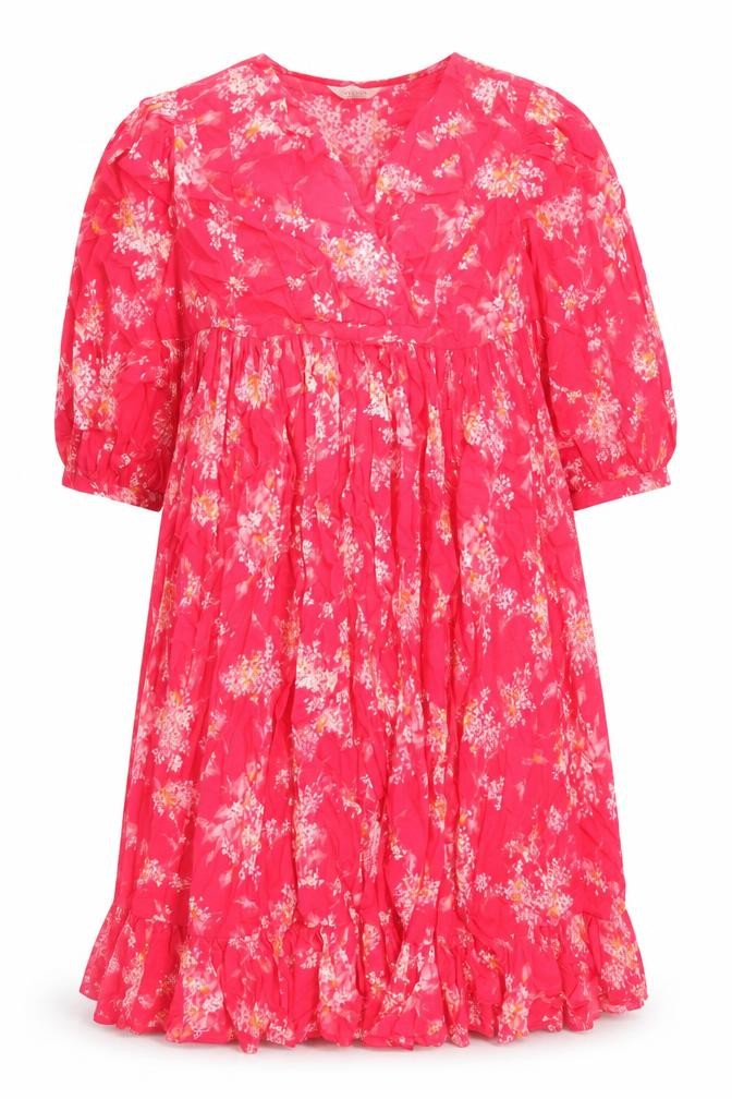Front view of Per Una women’s red geometric 100% cotton trapeze & swing, size M, v-neck pullover